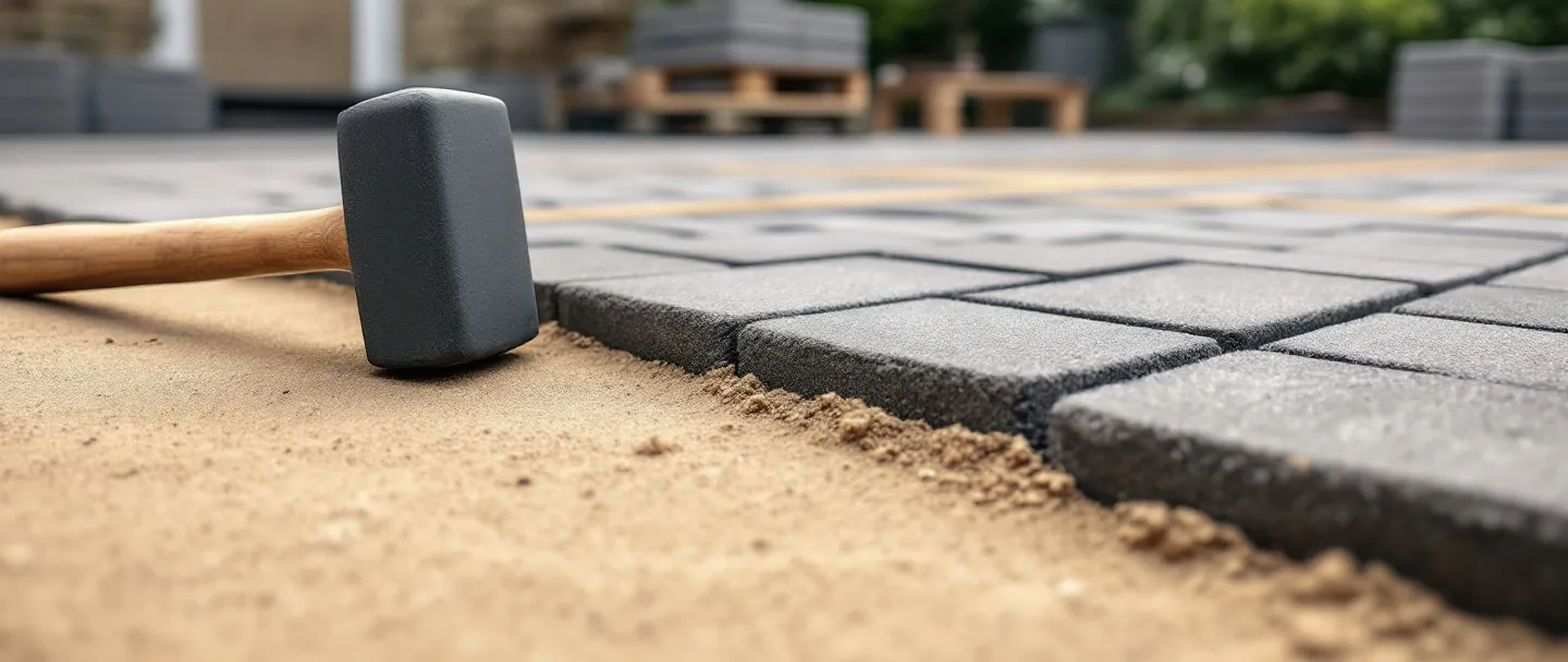 Block pavers being laid in a herringbone pattern on a sand bed